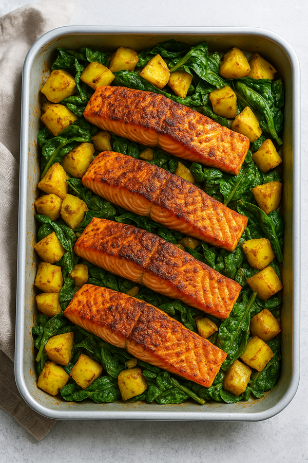 Spiced Salmon with Tray Baked Sag Aloo