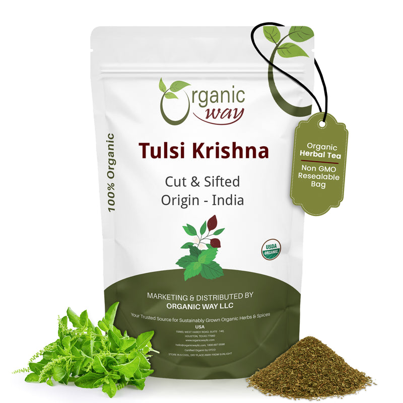 Tulsi/Holy Basil (Krishna) Cut & Sifted (Ocimum Tenuiflorum) - Herbal Tea | Kosher Certified | Raw, Vegan, Non GMO & Gluten Free | USDA Certified | Origin - India