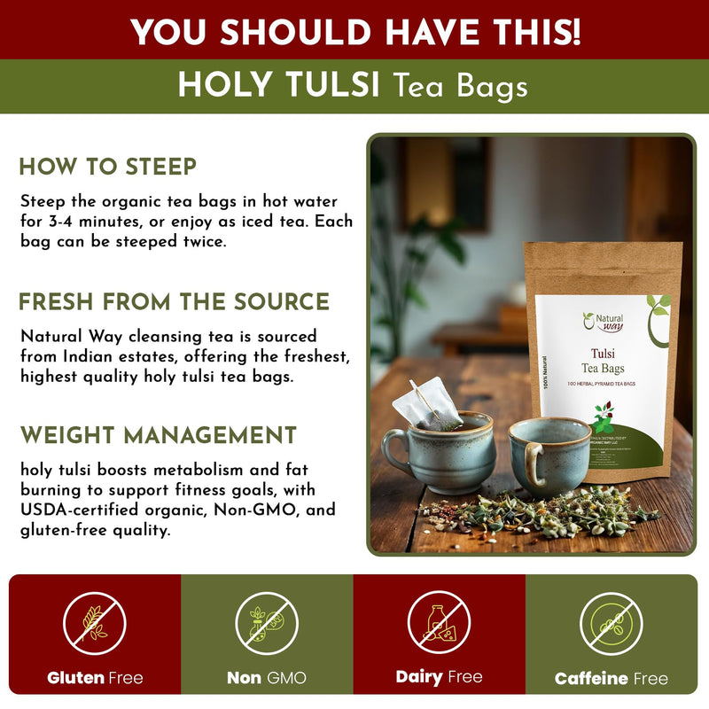 Holy Basil, Tulsi Pyramid Tea Bags | Herbal Blend for Natural Cleansing & Balanced Lifestyle | Herbal Slimming Pyramid Tea Bags | Caffeine Free 100% Natural Ingredients | ECO Conscious Tea Bags