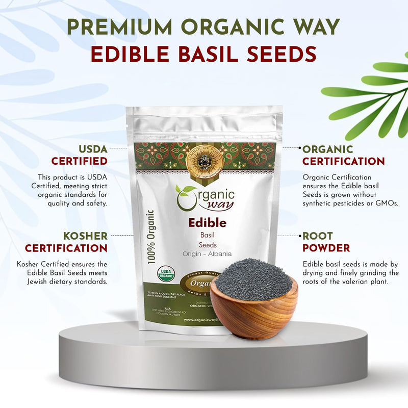 Organic Way Edible Basil Seeds | Sabja Seeds Rich in Fibers | Kosher Certified | Origin Albania