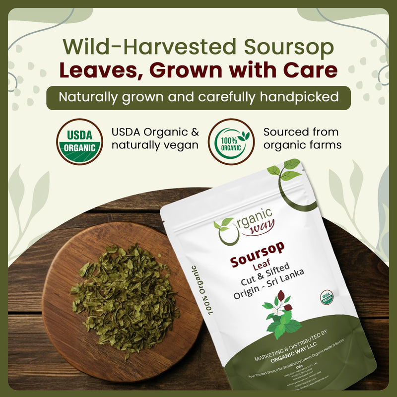 Dried Soursop Leaf Coarse Cut (Annona Muricata) - Herbal Tea | Vegan, Non GMO & Gluten Free | Kosher Certified | Resealable Bag | 100% Raw from Sri Lanka