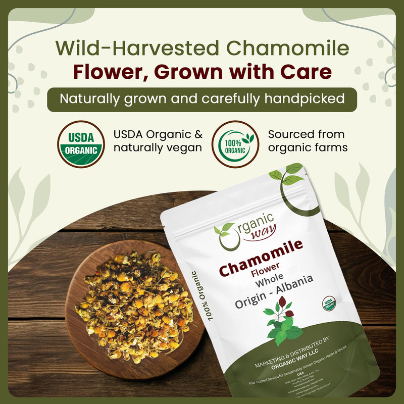 Chamomile Flower Whole (Matricaria chamomilla) - Herbal Tea | European Wild-Harvest | Kosher & USDA Certified | Vegan, Non-GMO & Gluten Free | 100% Raw from Albania