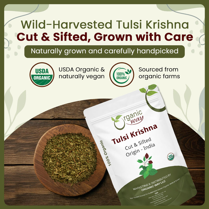 Tulsi/Holy Basil (Krishna) Cut & Sifted (Ocimum Tenuiflorum) - Herbal Tea | Kosher Certified | Raw, Vegan, Non GMO & Gluten Free | USDA Certified | Origin - India