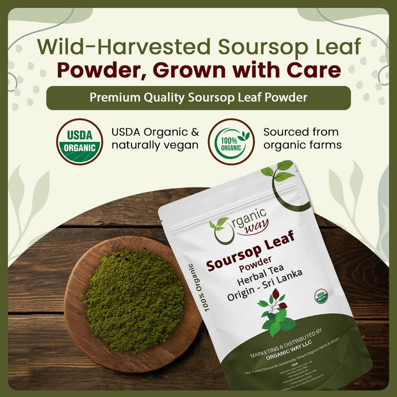 Soursop Leaf Coarse Powder - Herbal Tea | Organic, Vegan, Non GMO & Gluten Free | Resealable Bag, USDA & Kosher Certified | 100% Raw from Sri Lanka