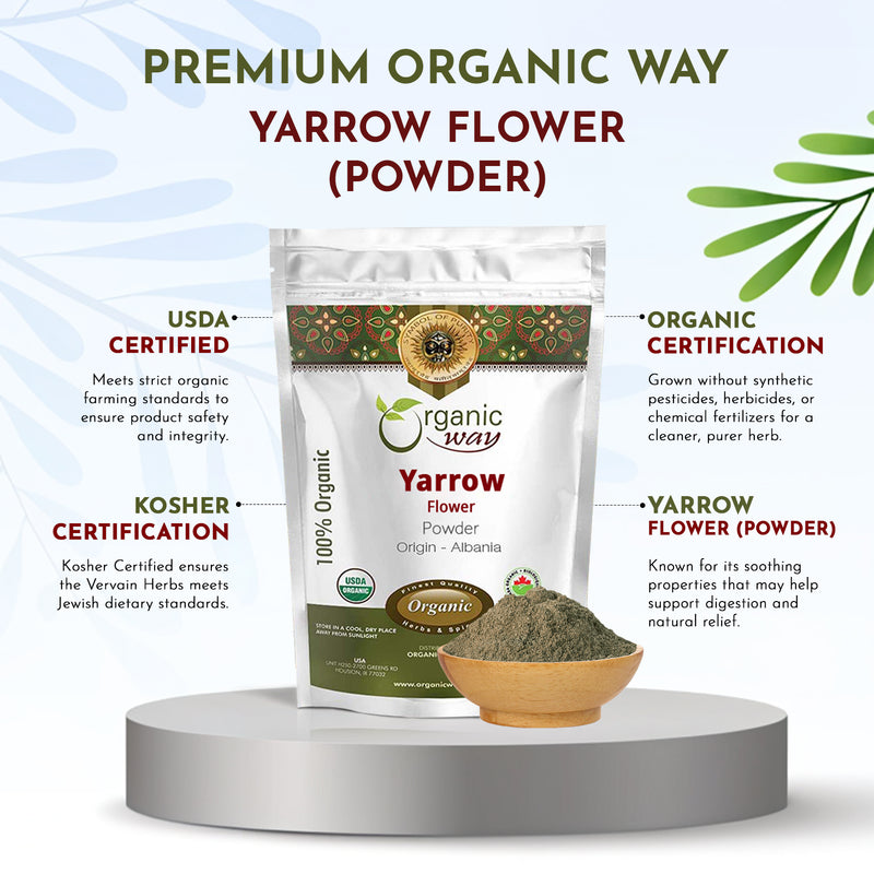 Yarrow Flower Powder (Achillea millefolium) - Herbal Tea | European Wild-Harvest | Kosher & USDA Certified | Vegan, Non-GMO & Gluten Free | 100% Raw from Albania